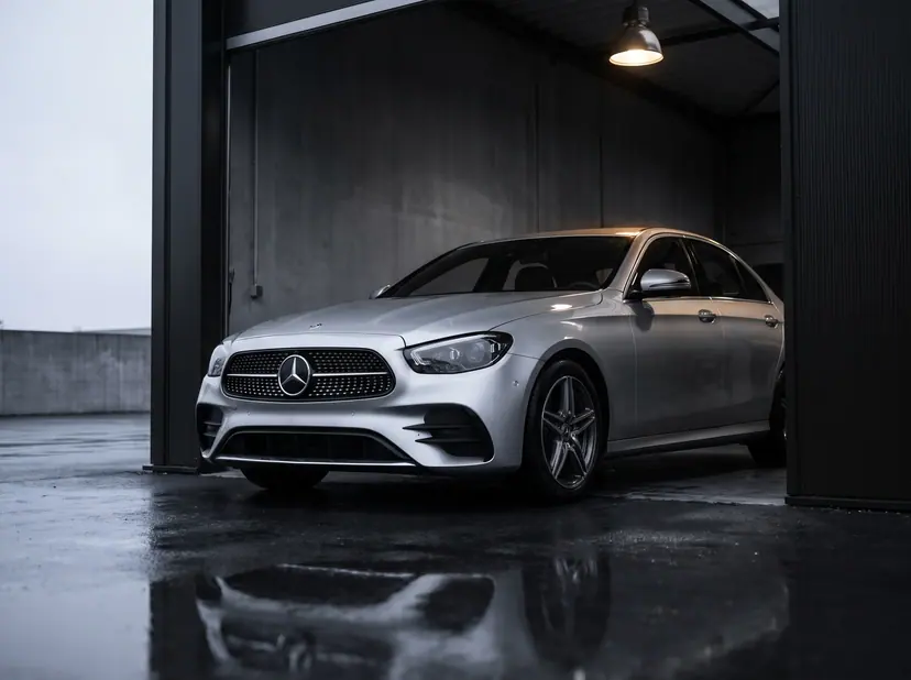 Servis girişinde bekleyen gümüş renkli Mercedes-Benz E Serisi