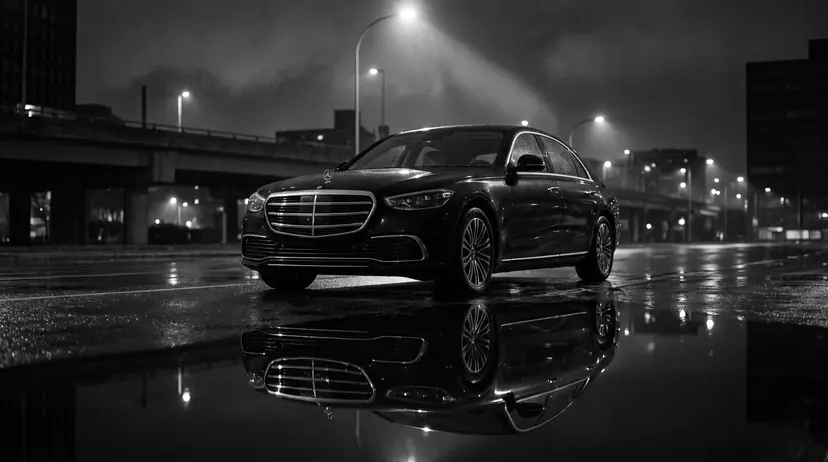 Gece yağmur sonrası ıslak şehir yolunda duran siyah Mercedes-Benz S Serisi